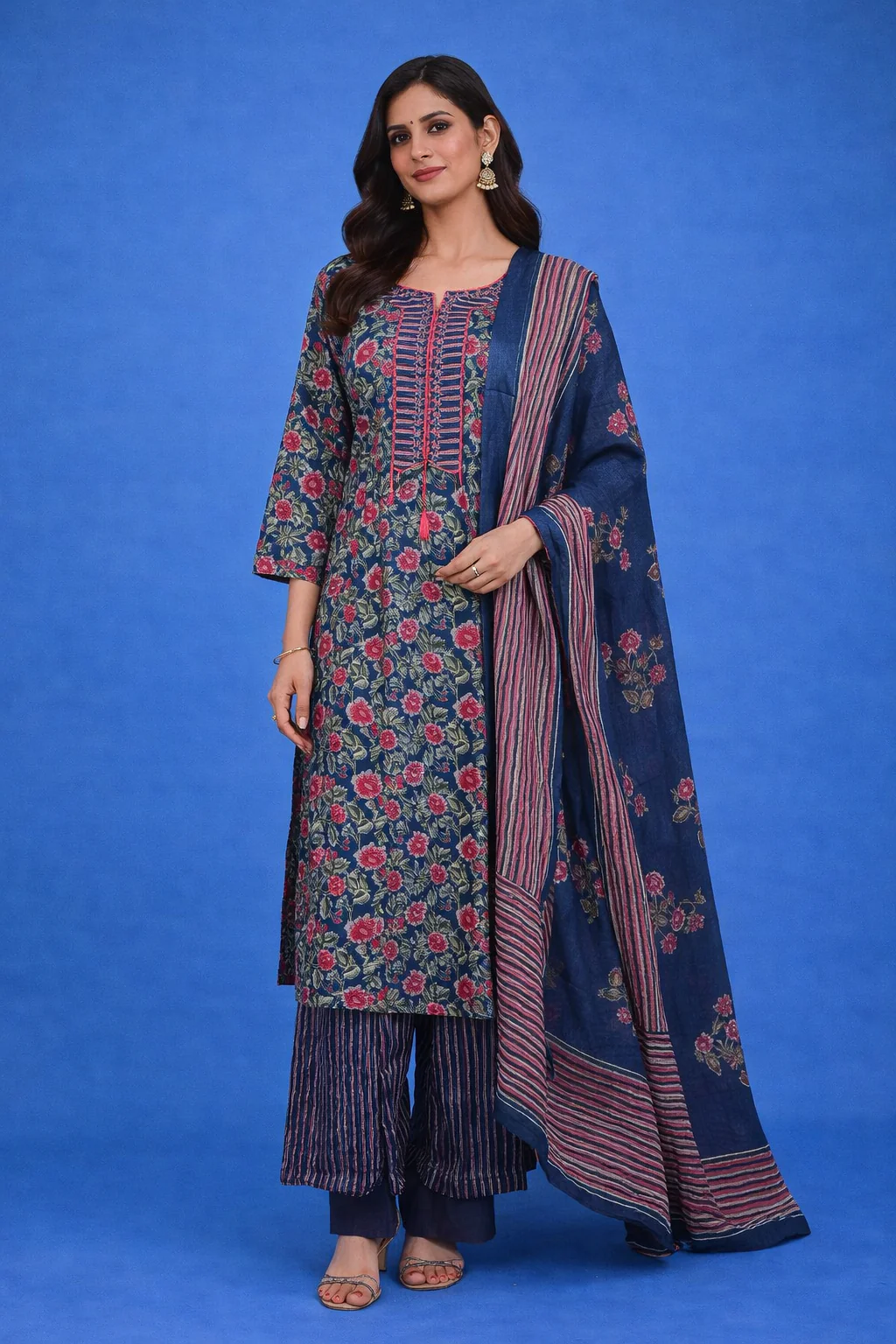 Blue Floral Design Printed Cotton Salwar Suit